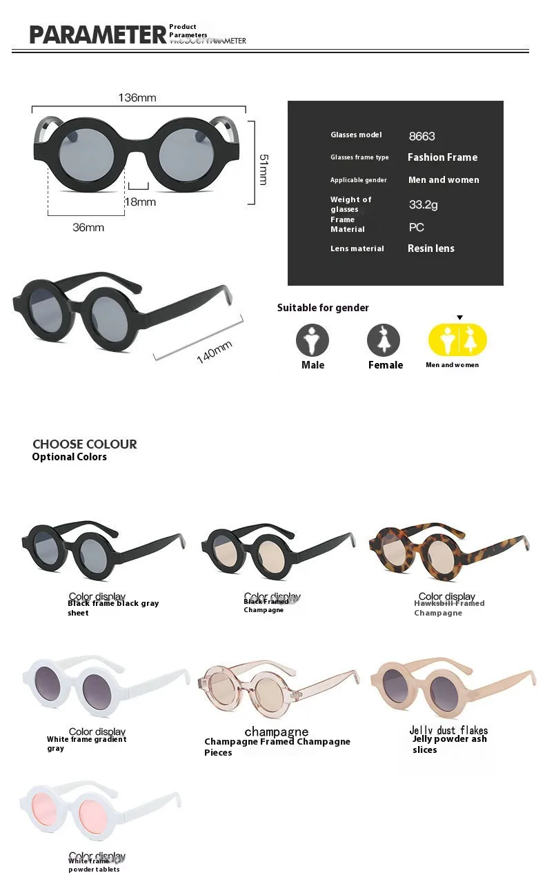Sunglasses Batch Large Frame Round Sunglasses Women's  Trendy Light Color Sunglasses Fashion Personality Internet Celebrated Glasses Street Shot display picture 1
