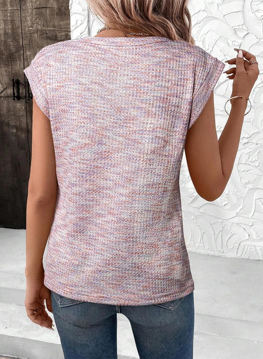 Spring And Summer Wholesale Women's New Fashion Waffle Round Neck Solid Color Loose Short Sleeve Women's Top display picture 16