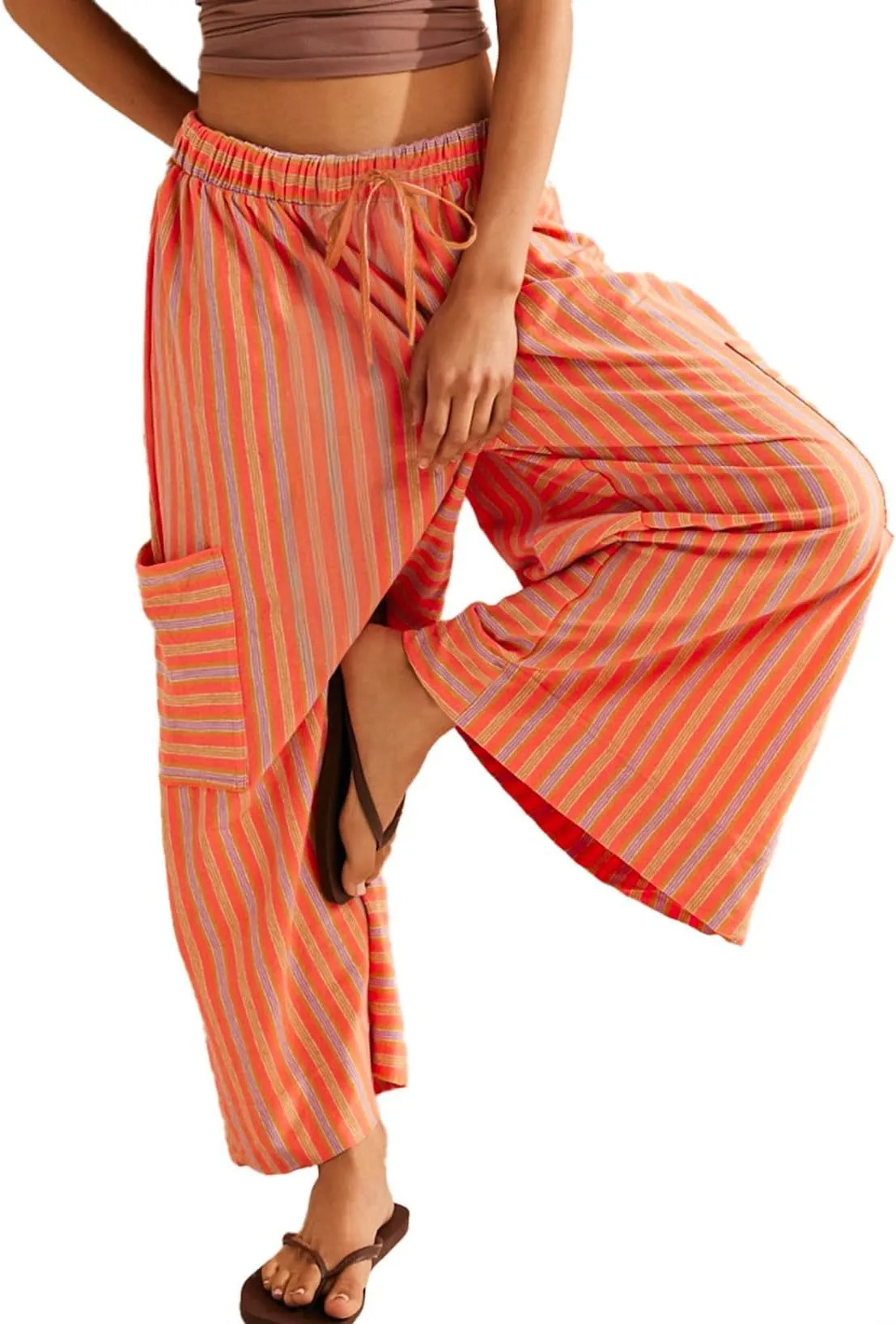 Spring And Summer New Color Striped Pants Casual Fashion Loose Lace-up Straight Pants For Women display picture 4