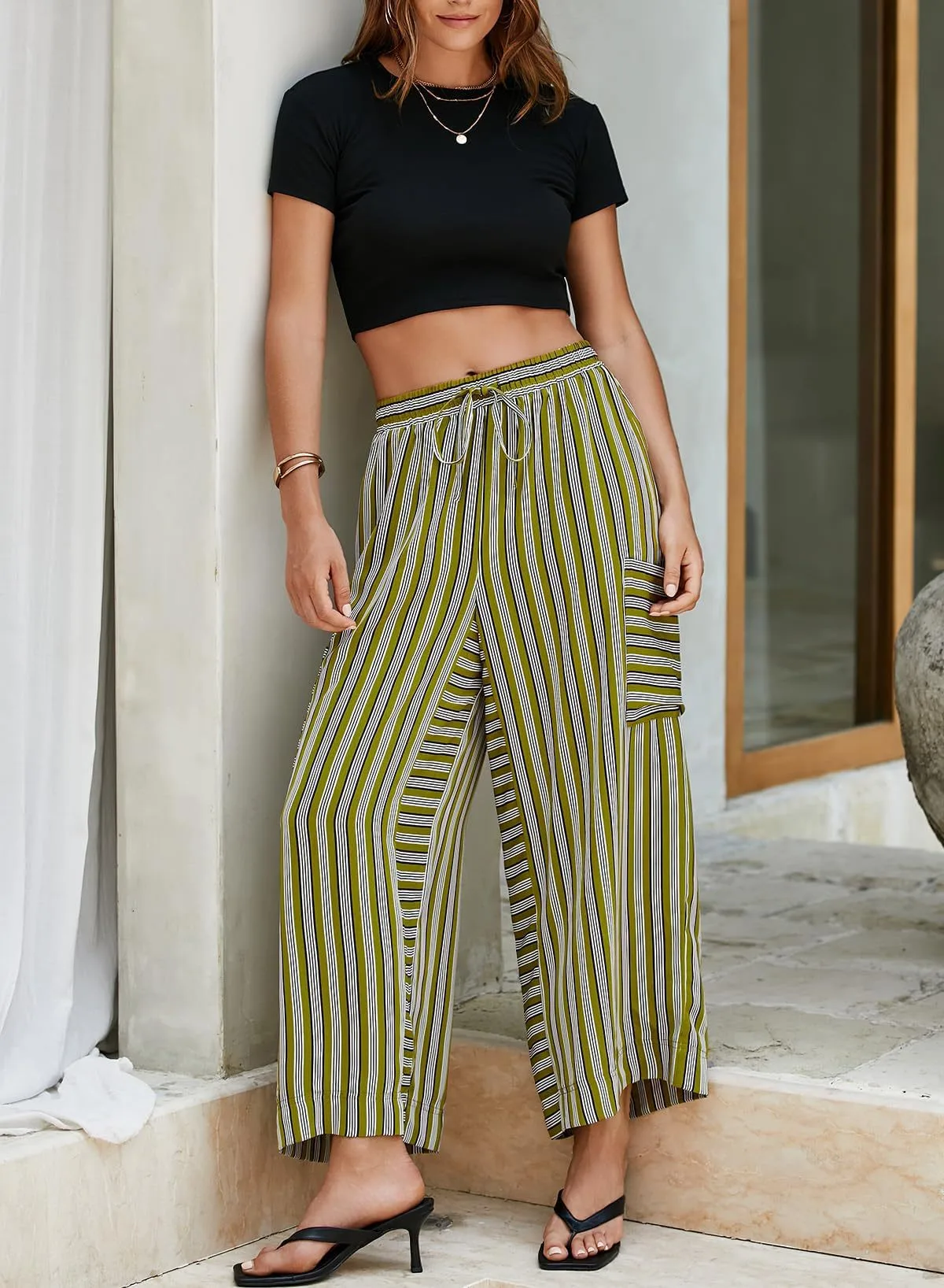 Spring And Summer New Color Striped Pants Casual Fashion Loose Lace-up Straight Pants For Women display picture 16