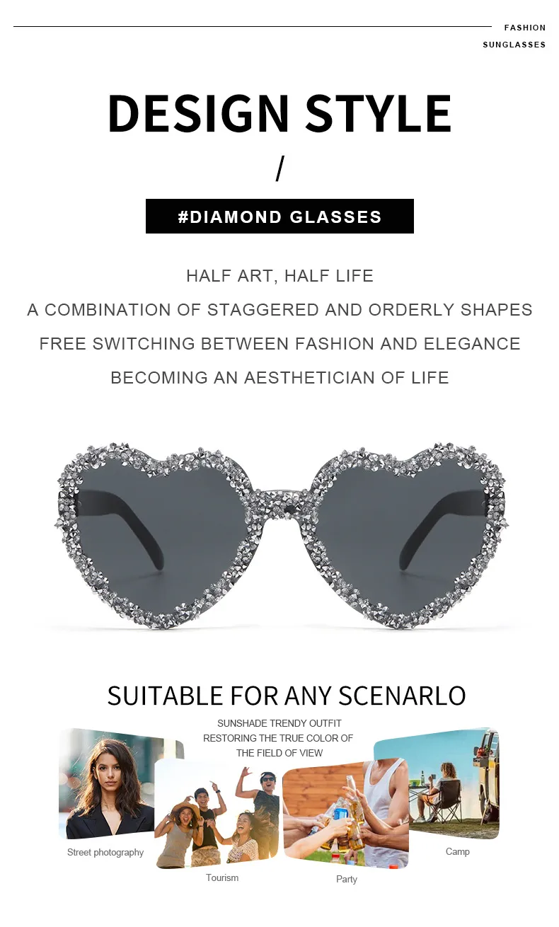 Love Heart Borderless Framed Diamond Fashion Sunglasses Party Party Funny High-grade Candy Color Sunglasses display picture 2