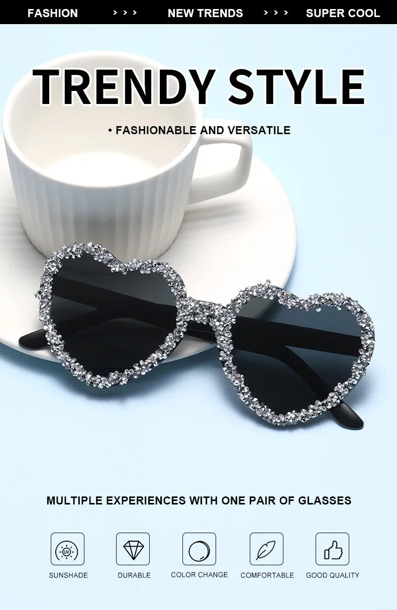 Love Heart Borderless Framed Diamond Fashion Sunglasses Party Party Funny High-grade Candy Color Sunglasses display picture 3