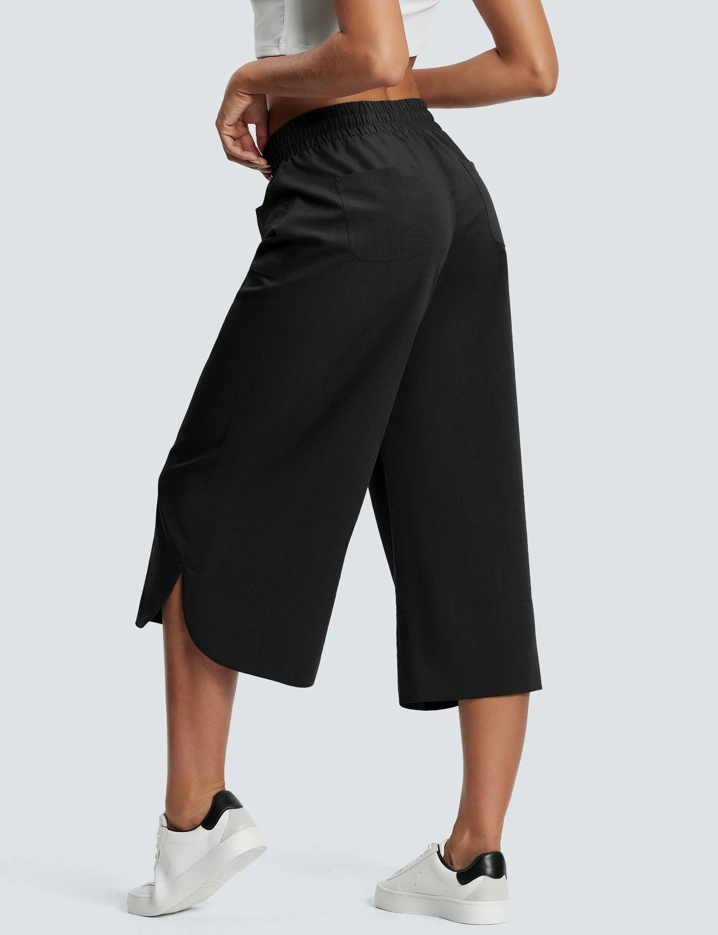 Independent Station Wish  Spring And Summer Elastic Waist Solid Color Wide Leg Loose Casual Cropped Pants Women display picture 3