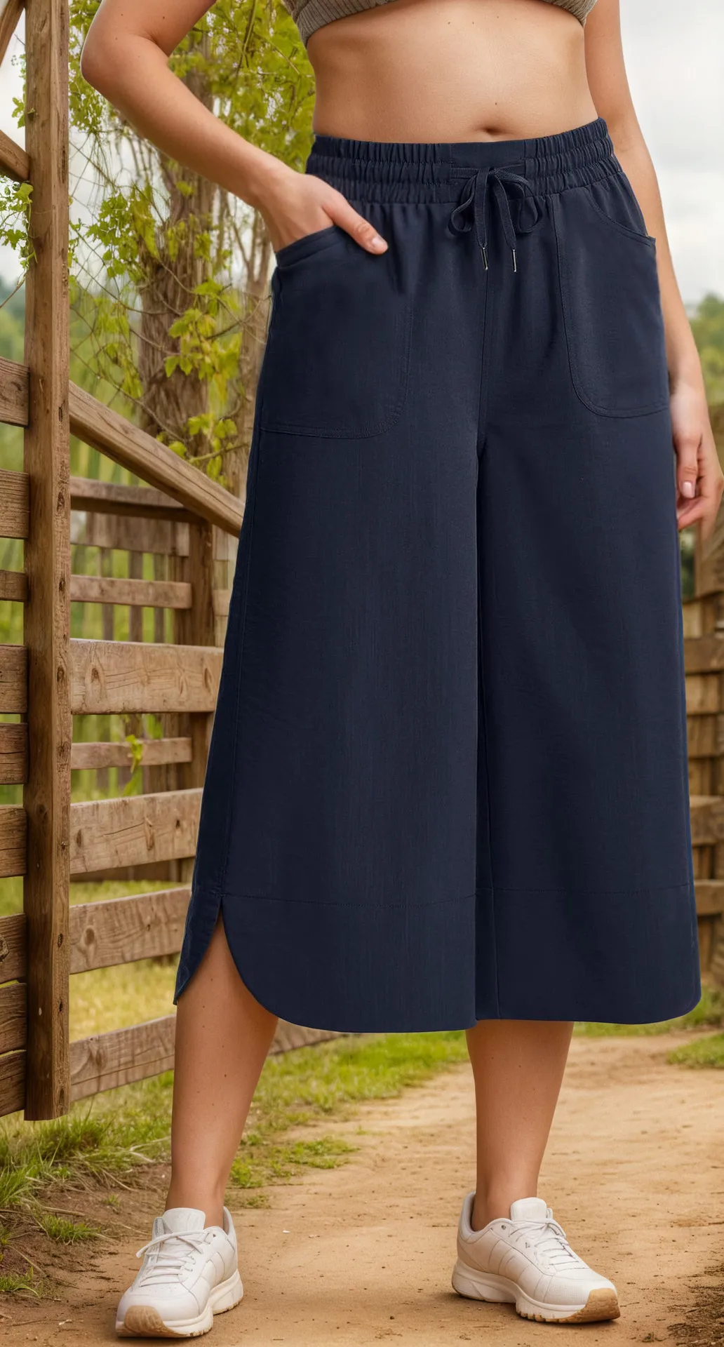 Independent Station Wish  Spring And Summer Elastic Waist Solid Color Wide Leg Loose Casual Cropped Pants Women display picture 4