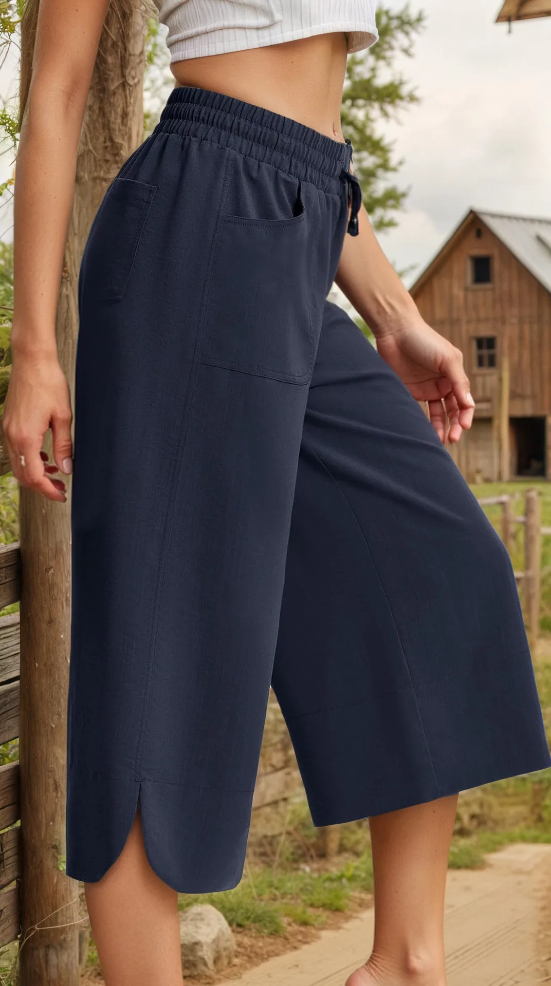 Independent Station Wish  Spring And Summer Elastic Waist Solid Color Wide Leg Loose Casual Cropped Pants Women display picture 5