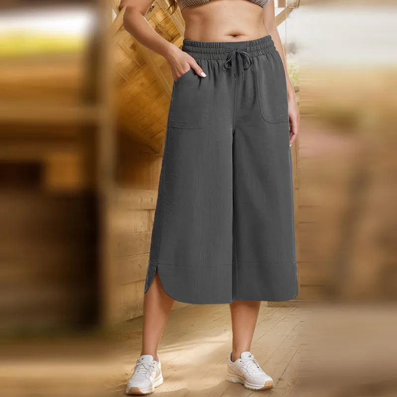 Independent Station Wish  Spring And Summer Elastic Waist Solid Color Wide Leg Loose Casual Cropped Pants Women display picture 6