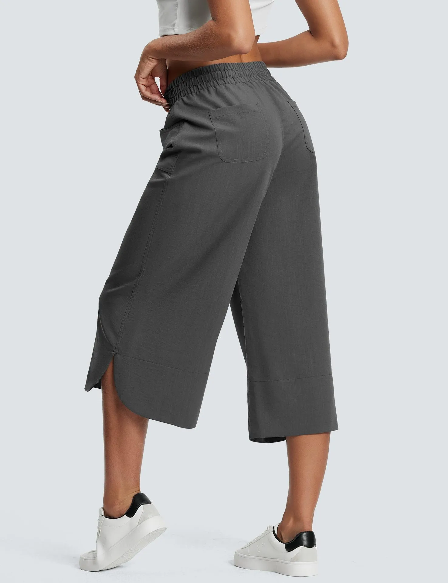 Independent Station Wish  Spring And Summer Elastic Waist Solid Color Wide Leg Loose Casual Cropped Pants Women display picture 7