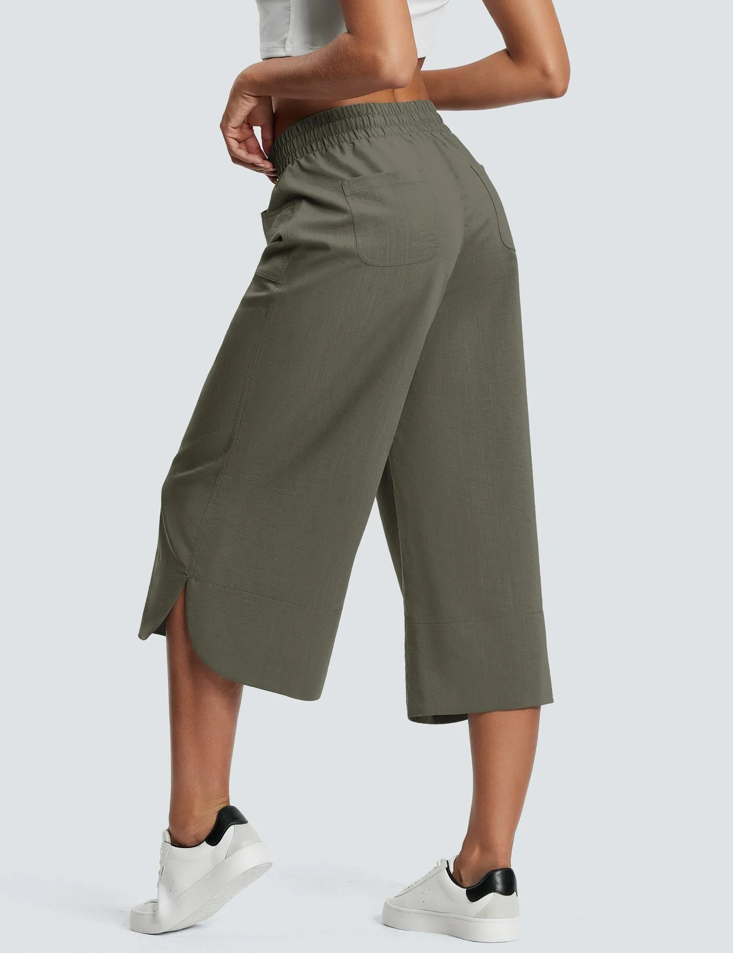 Independent Station Wish  Spring And Summer Elastic Waist Solid Color Wide Leg Loose Casual Cropped Pants Women display picture 9