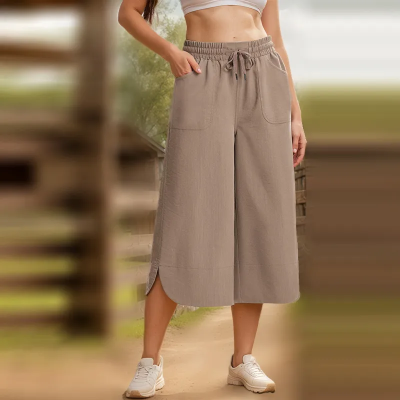 Independent Station Wish  Spring And Summer Elastic Waist Solid Color Wide Leg Loose Casual Cropped Pants Women display picture 10