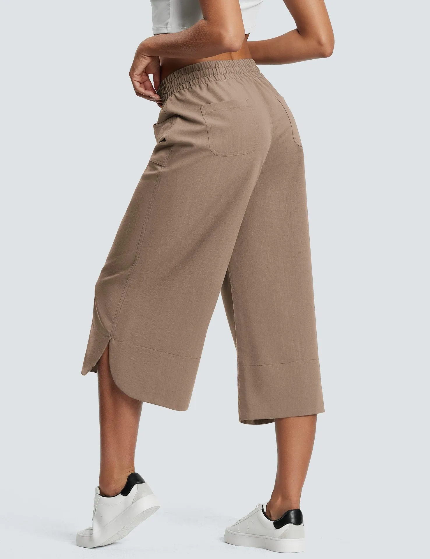 Independent Station Wish  Spring And Summer Elastic Waist Solid Color Wide Leg Loose Casual Cropped Pants Women display picture 11