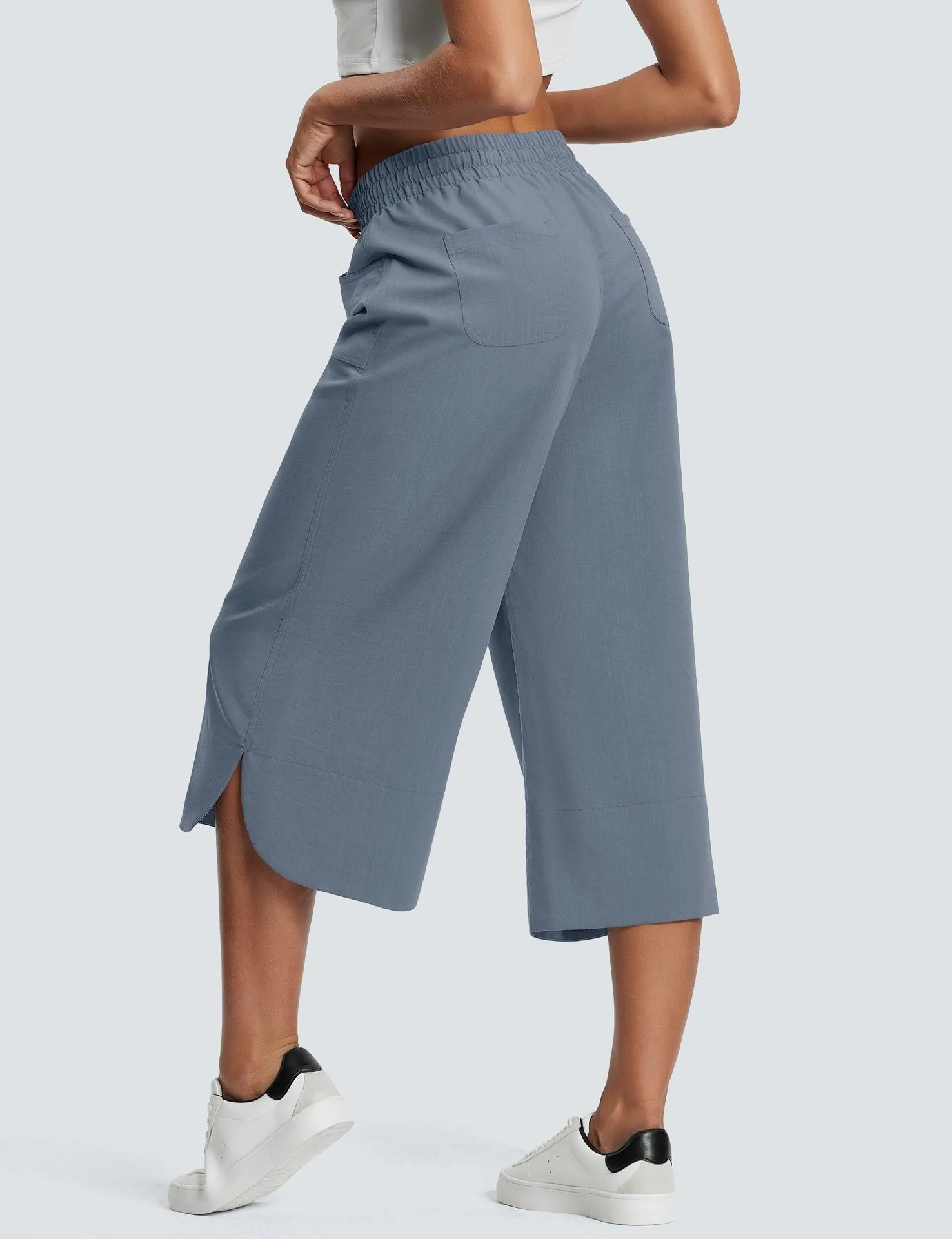 Independent Station Wish  Spring And Summer Elastic Waist Solid Color Wide Leg Loose Casual Cropped Pants Women display picture 14