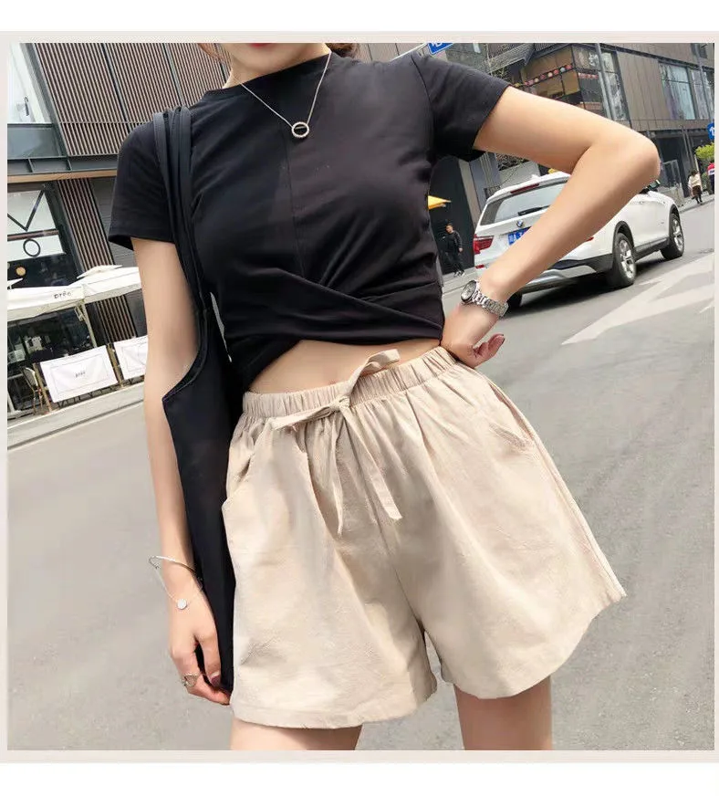 Cotton Linen Shorts Women's  Summer New Loose Sports Casual A-shaped Wide Leg Foreign Trade Chubby Girls Plus Size Shorts display picture 1