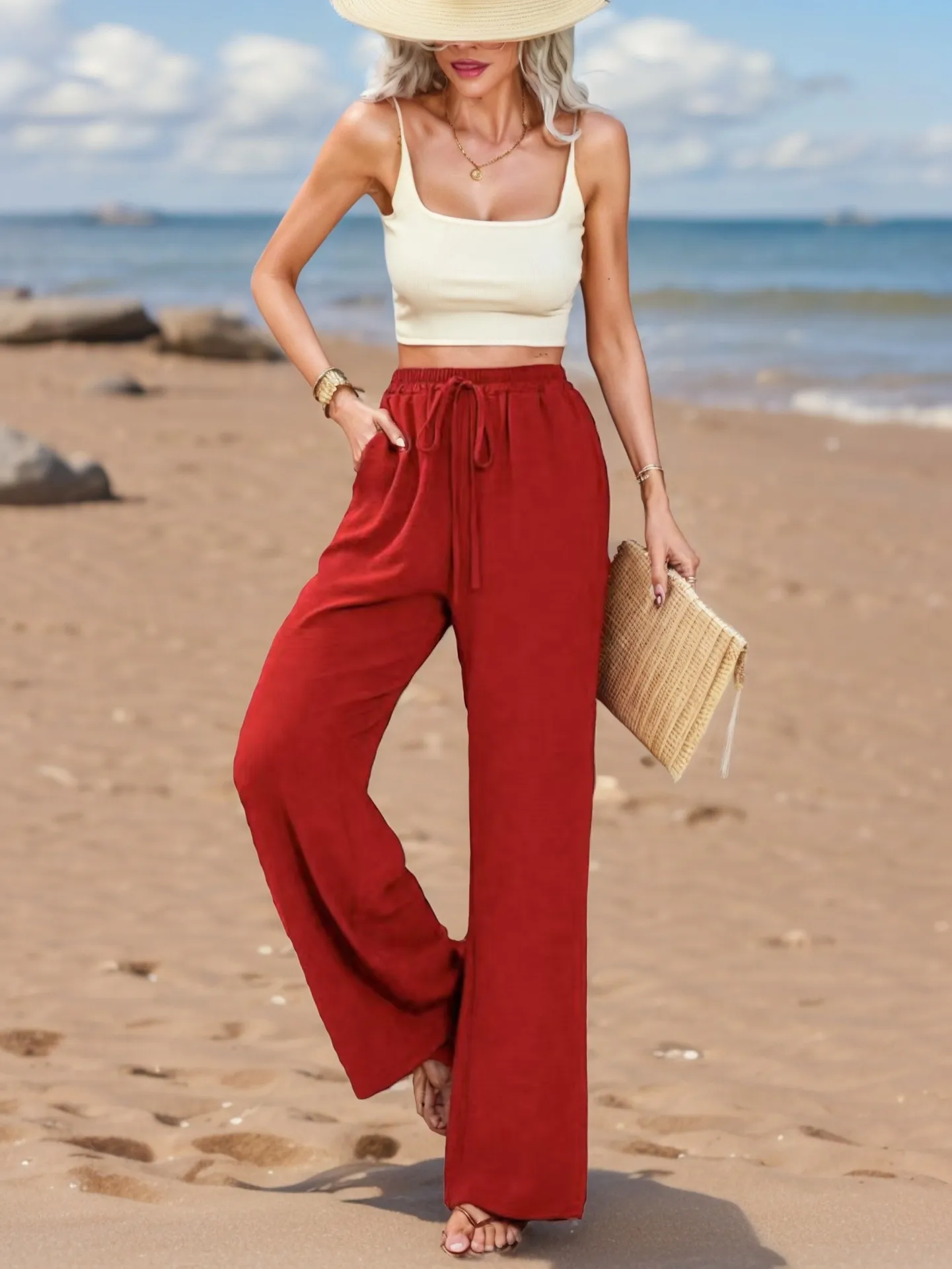 Women's   New Casual Pocket Simple Elafite Waist Drawstring Trousers Casual Pants For Women display picture 3