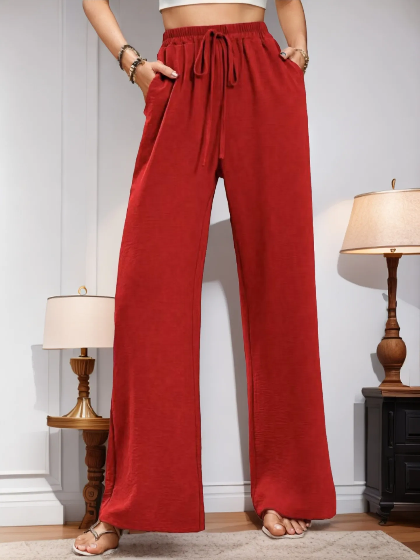 Women's   New Casual Pocket Simple Elafite Waist Drawstring Trousers Casual Pants For Women display picture 4