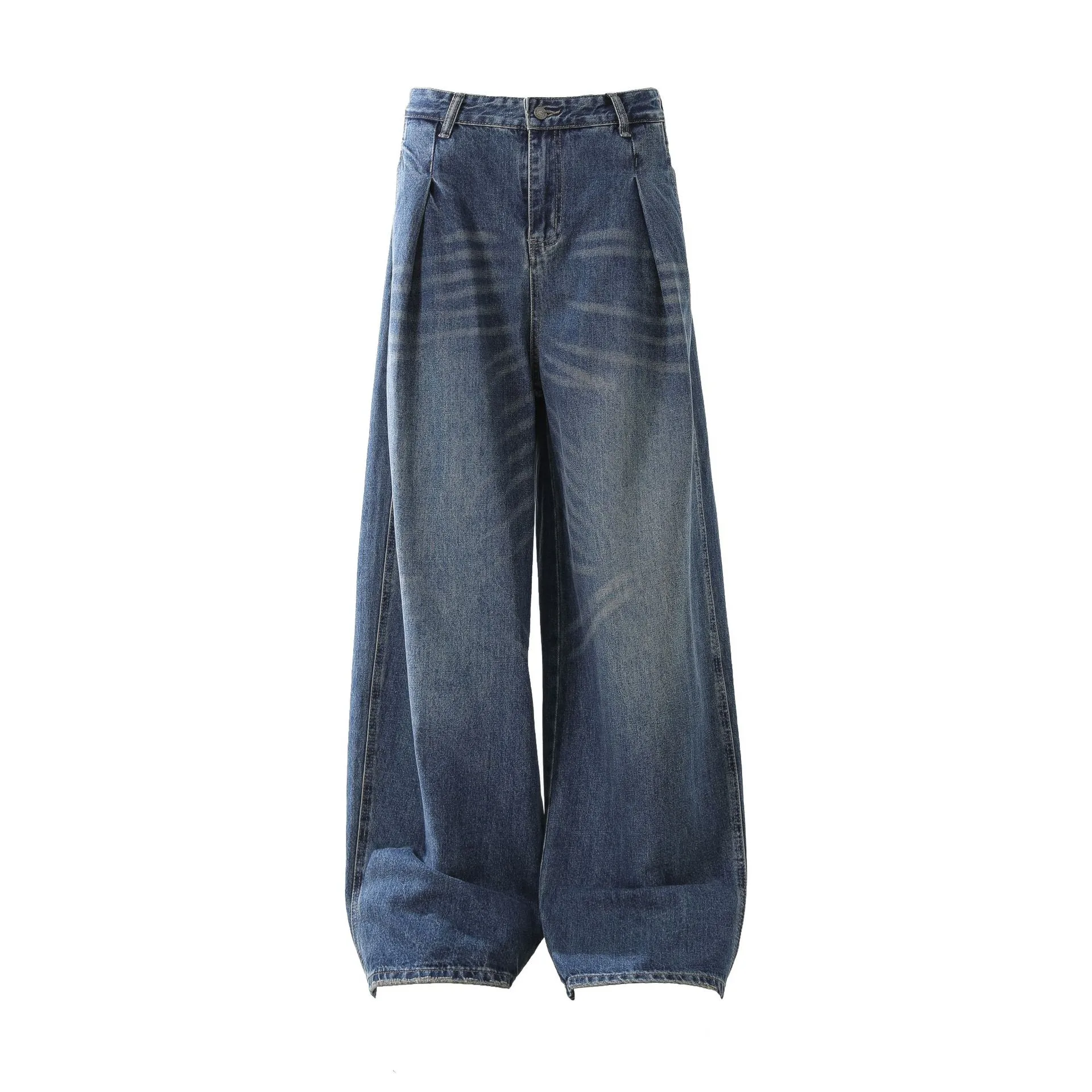 Jiayi Library Men's  New High Street American Washed Pleated Jeans Micro Loose Straight Wide Leg Pants display picture 3