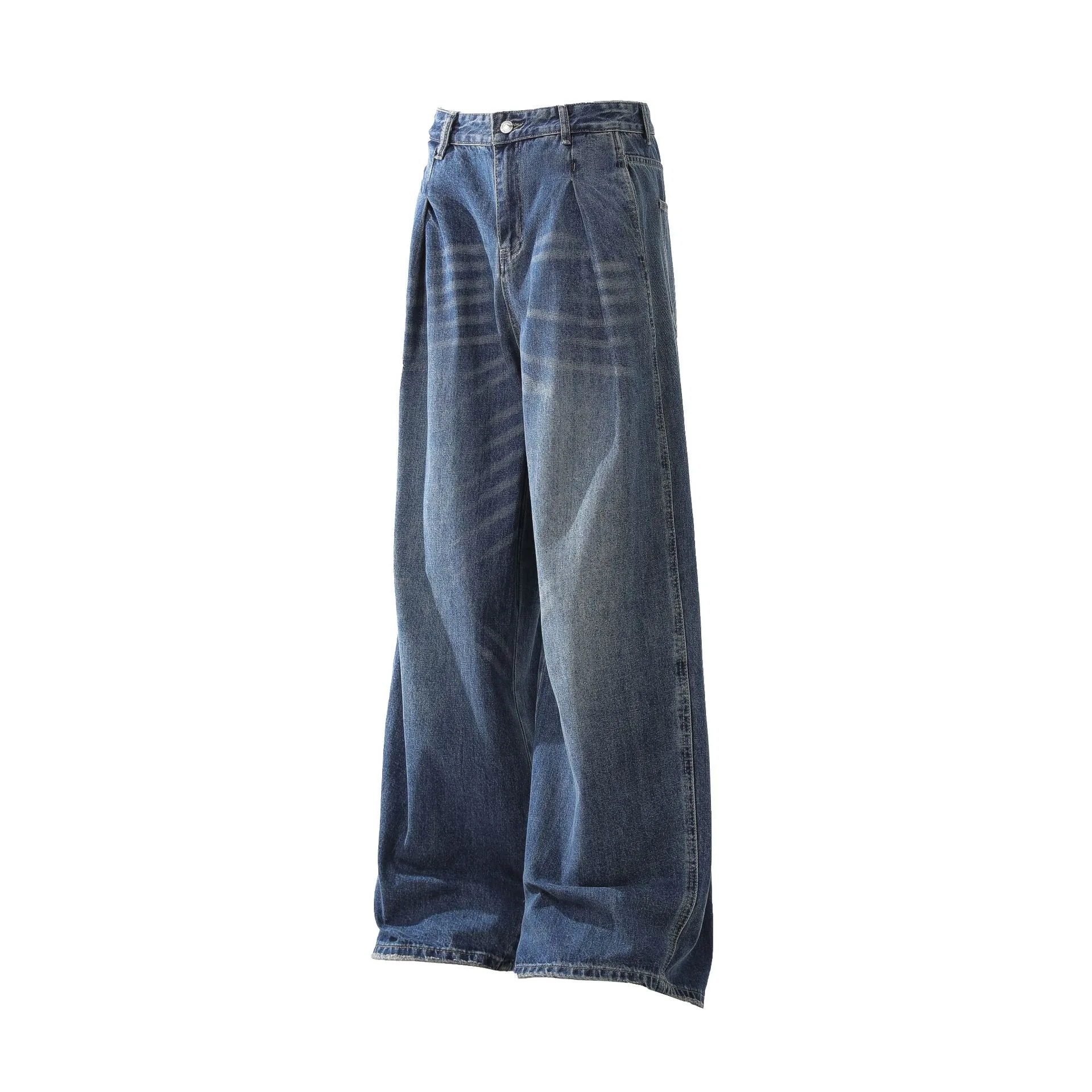 Jiayi Library Men's  New High Street American Washed Pleated Jeans Micro Loose Straight Wide Leg Pants display picture 4