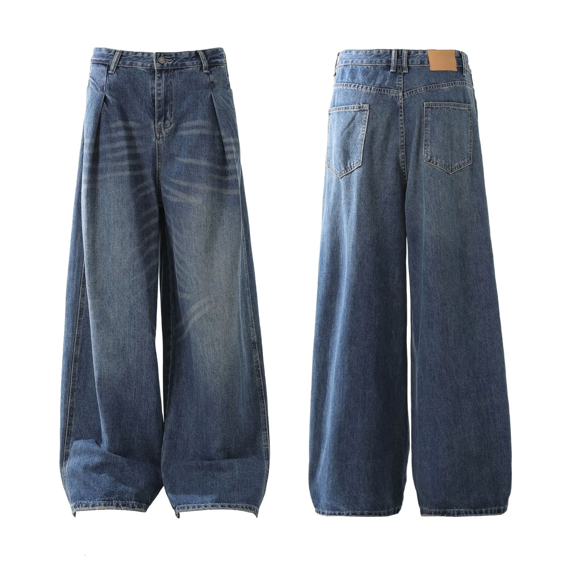Jiayi Library Men's  New High Street American Washed Pleated Jeans Micro Loose Straight Wide Leg Pants display picture 2