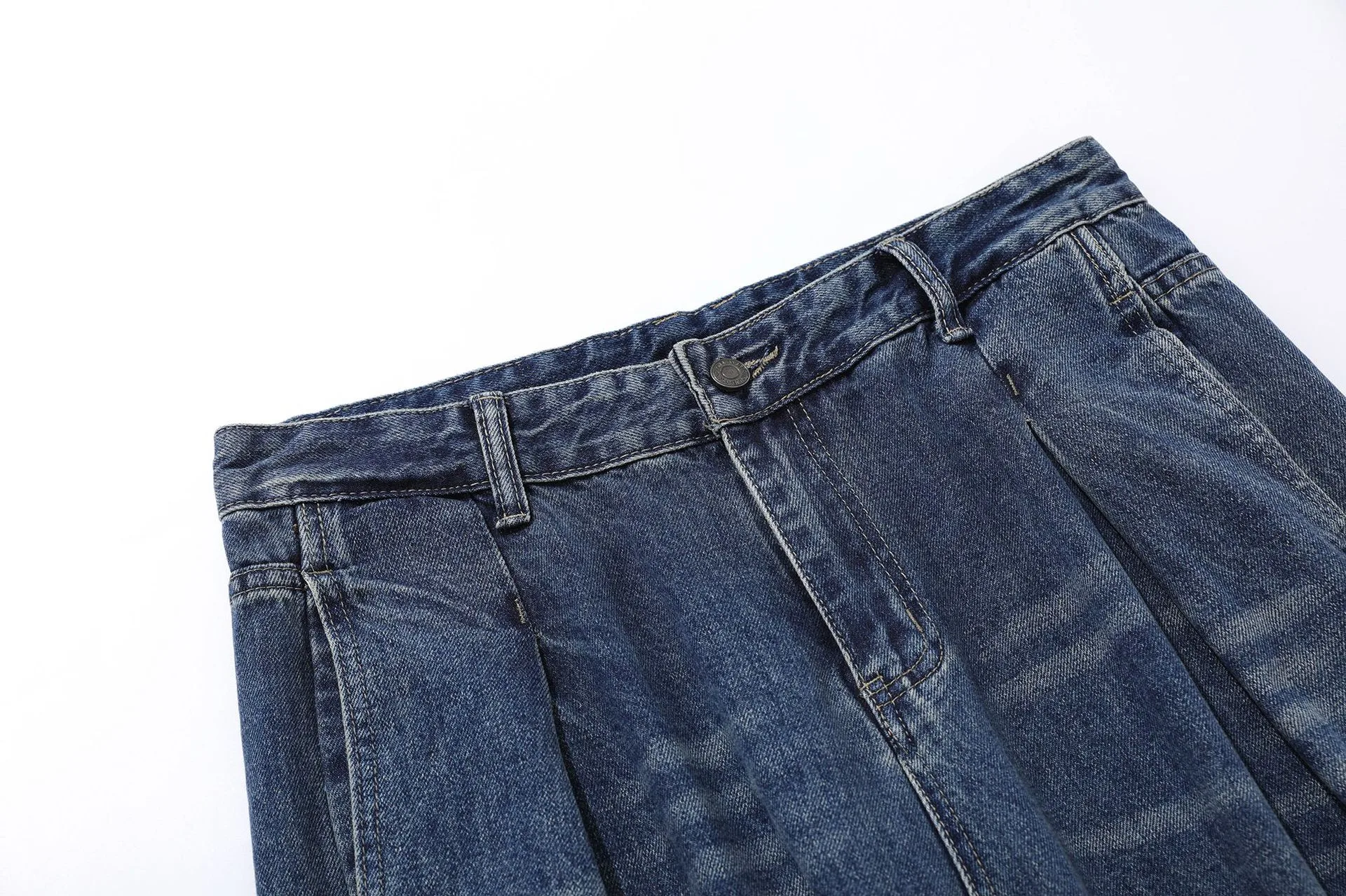 Jiayi Library Men's  New High Street American Washed Pleated Jeans Micro Loose Straight Wide Leg Pants display picture 7