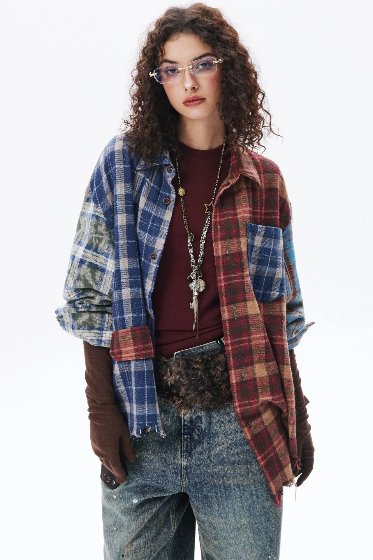 Jiayi Library Men's  Spring New American Retro Contrast Color Stitching Cleanfit Plaid Shirt Antique Shirt display picture 2
