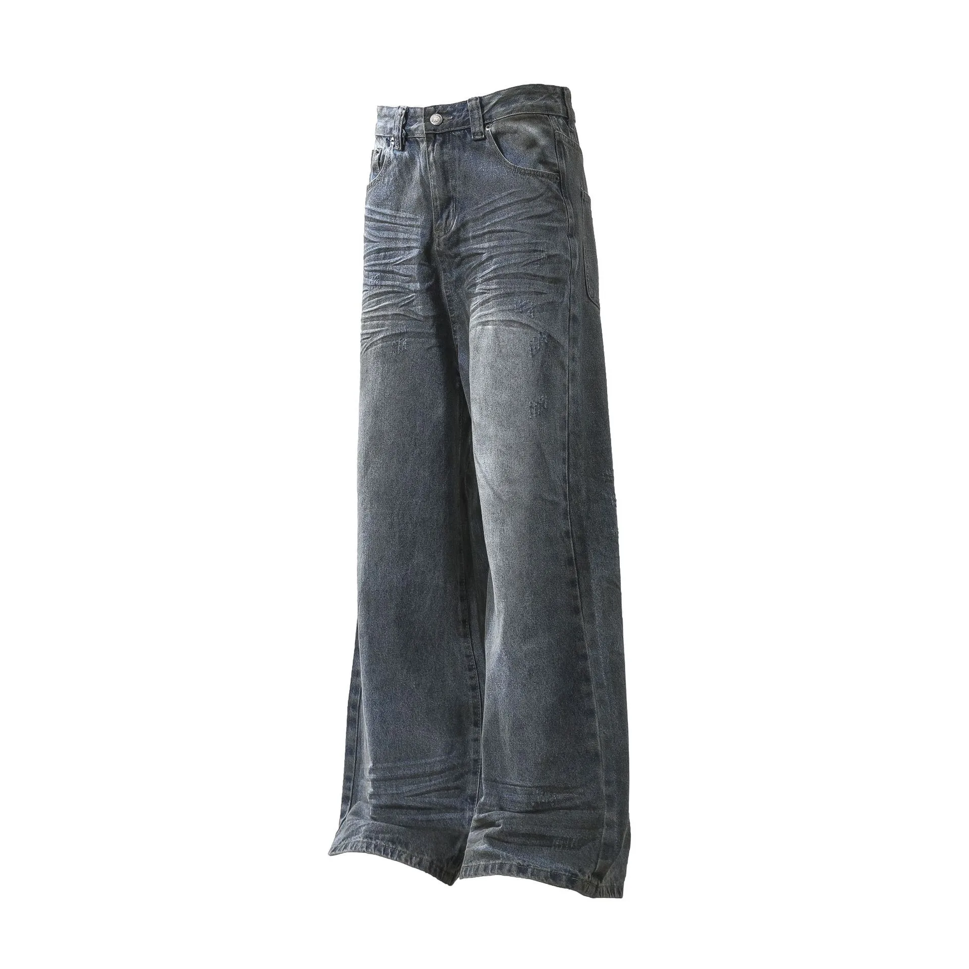 Jiayi Library Men's  New High Street American Style Micro-La Jeans Waste Soil Wind Dirty Design Sense Straight Pants display picture 4