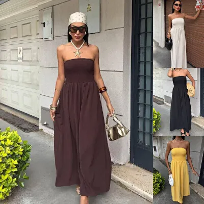 New Summer Fashion Solid Color One-character Collar Strapless Waist Long Dress Women display picture 1