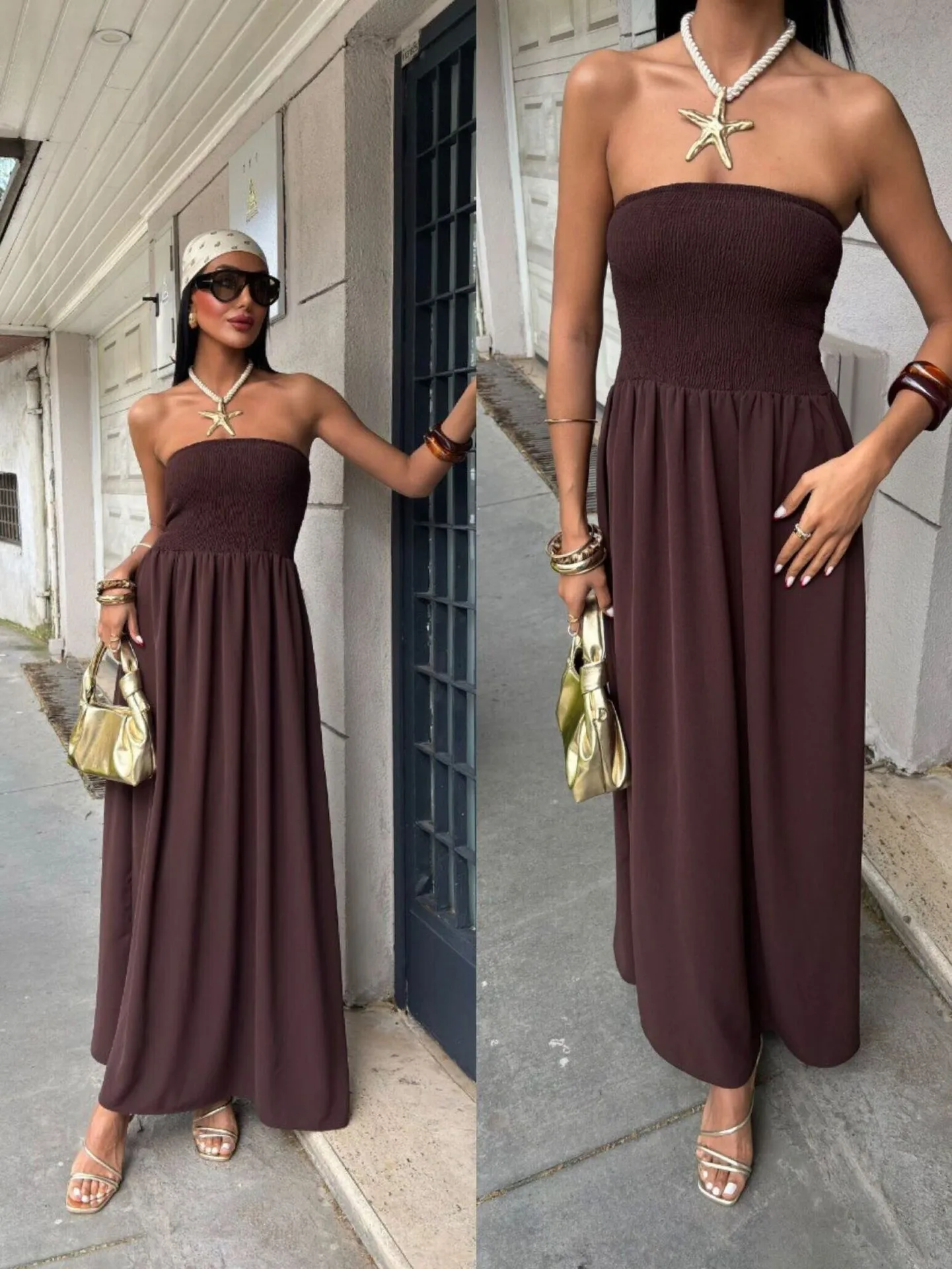 New Summer Fashion Solid Color One-character Collar Strapless Waist Long Dress Women display picture 2