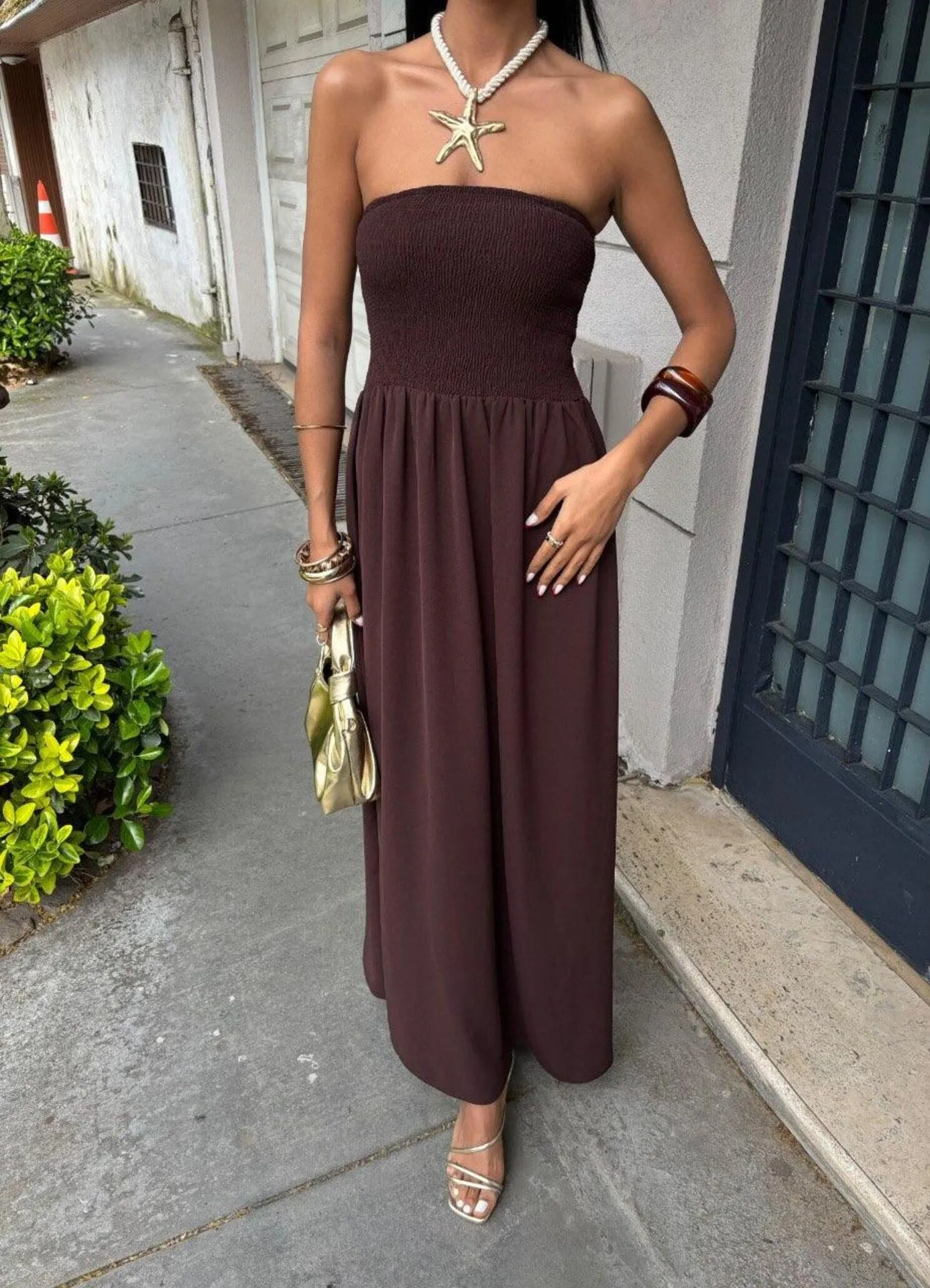 New Summer Fashion Solid Color One-character Collar Strapless Waist Long Dress Women display picture 5