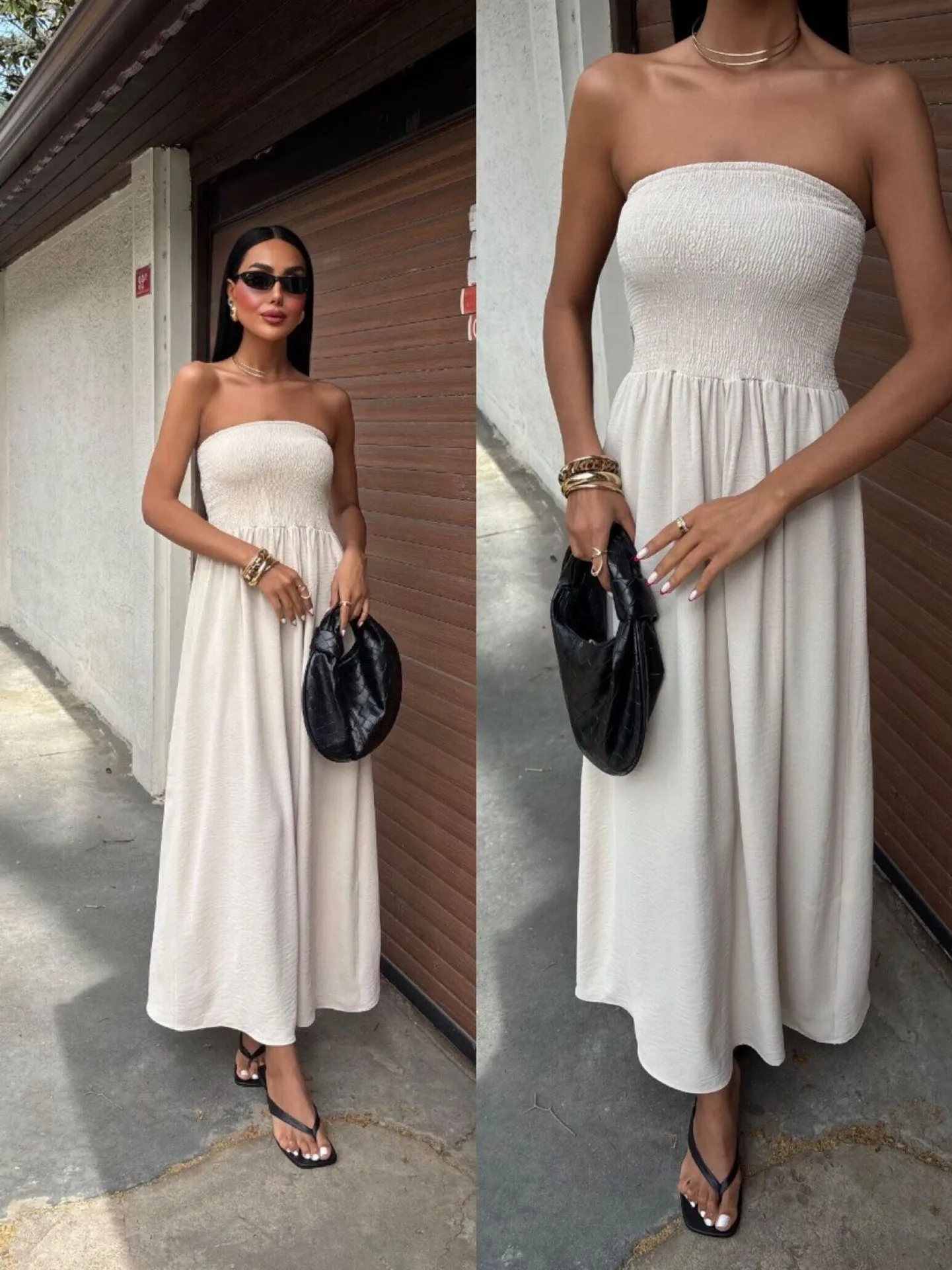 New Summer Fashion Solid Color One-character Collar Strapless Waist Long Dress Women display picture 7