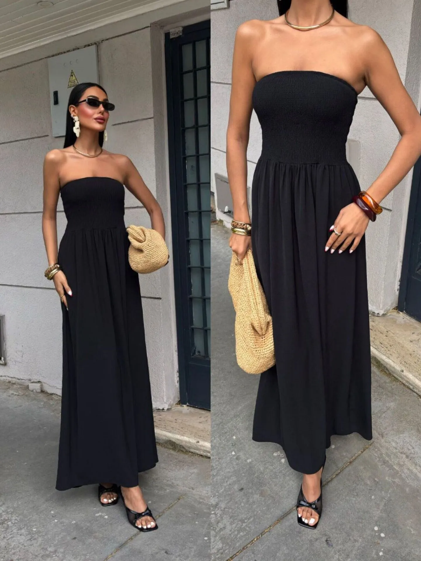 New Summer Fashion Solid Color One-character Collar Strapless Waist Long Dress Women display picture 11