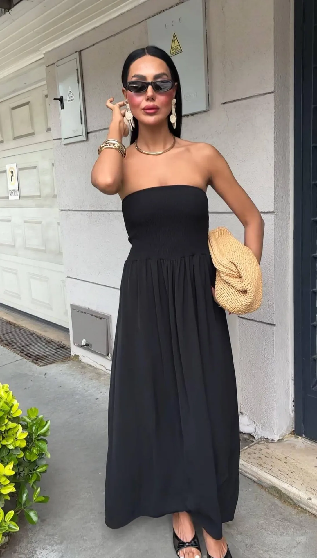 New Summer Fashion Solid Color One-character Collar Strapless Waist Long Dress Women display picture 12