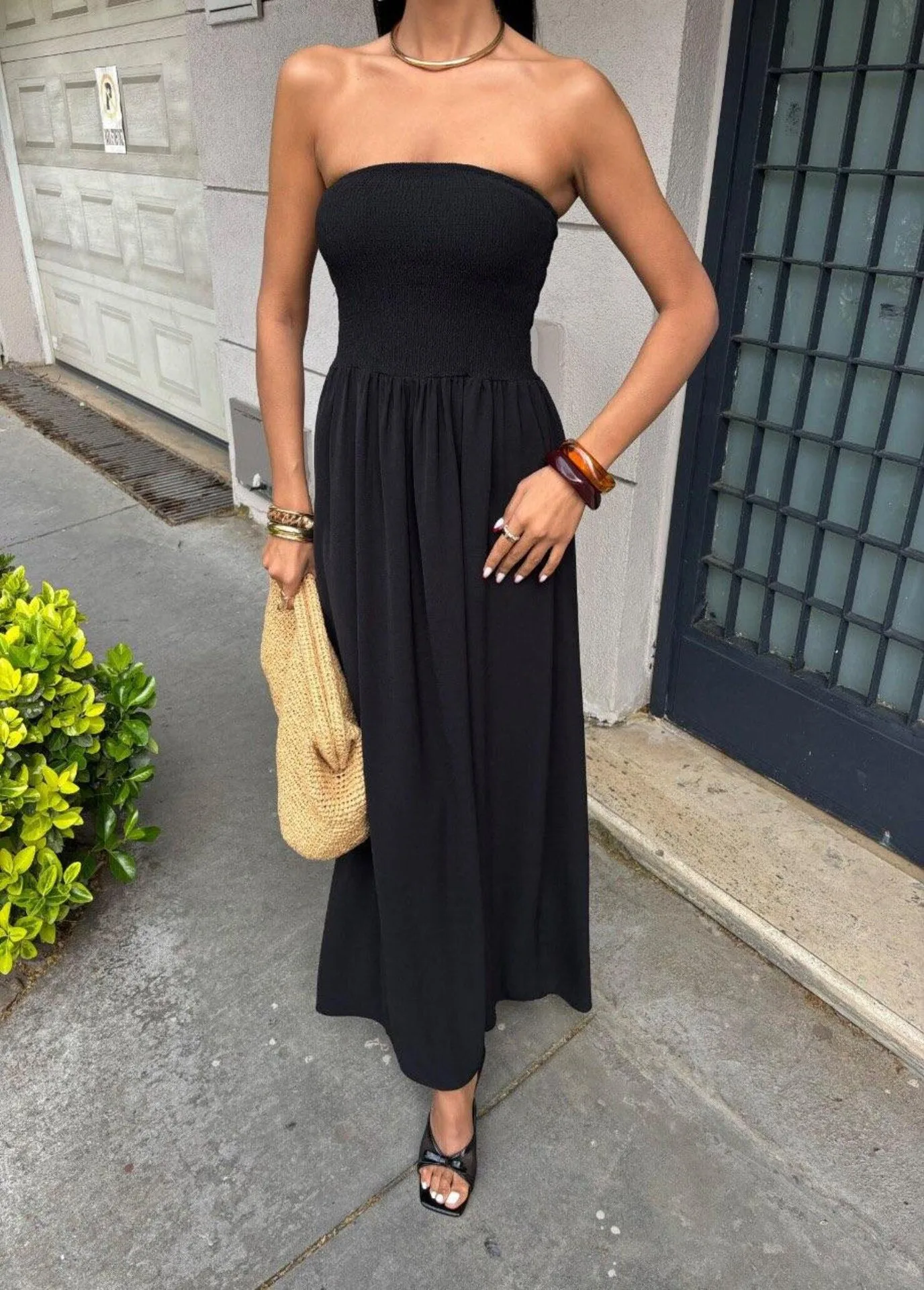 New Summer Fashion Solid Color One-character Collar Strapless Waist Long Dress Women display picture 15