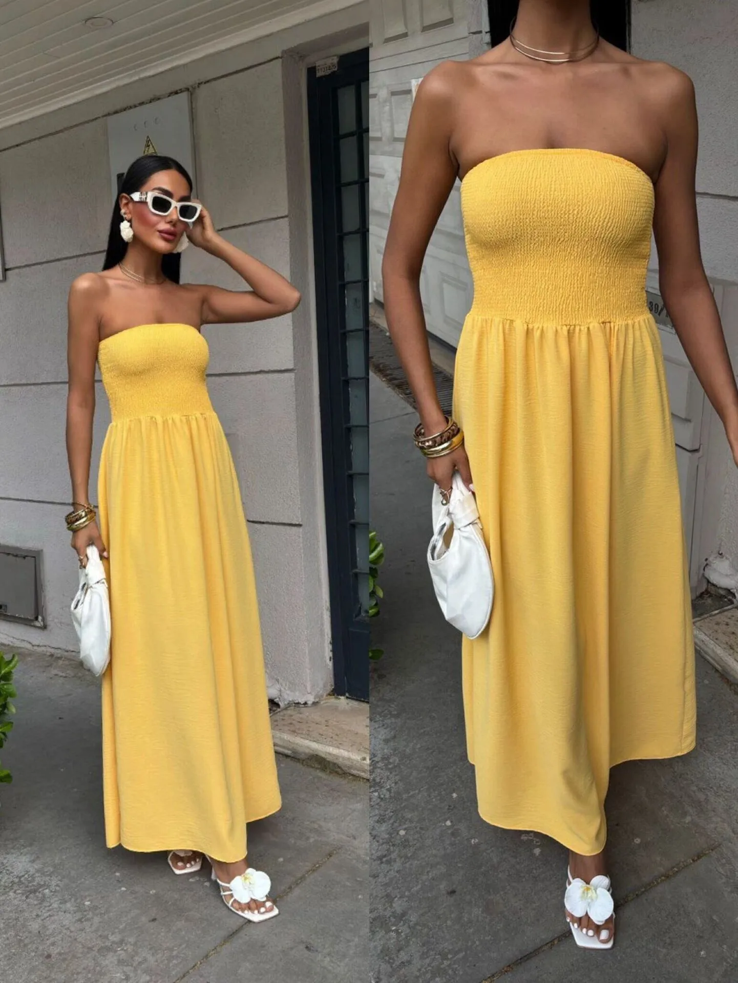 New Summer Fashion Solid Color One-character Collar Strapless Waist Long Dress Women display picture 16