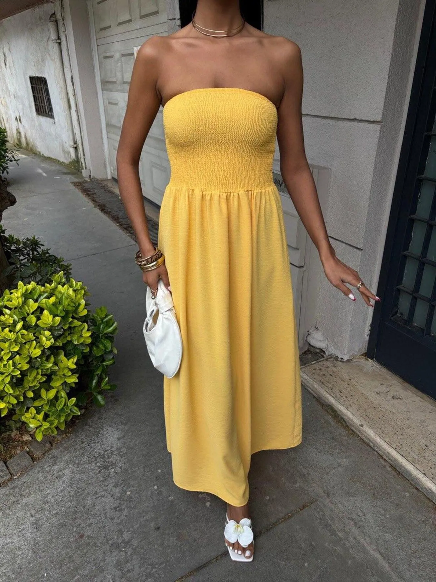 New Summer Fashion Solid Color One-character Collar Strapless Waist Long Dress Women display picture 19