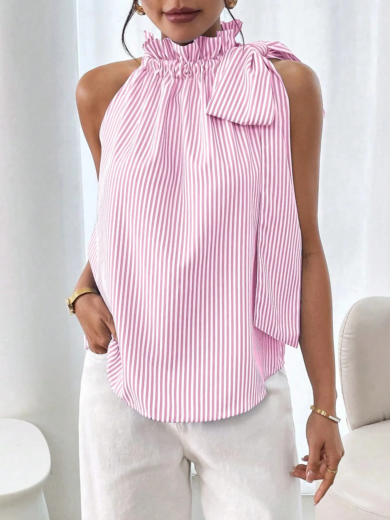 Explosions  Fashion Sleeveless Striped Lace High Neck Tee Knot T-shirt Top Women display picture 7
