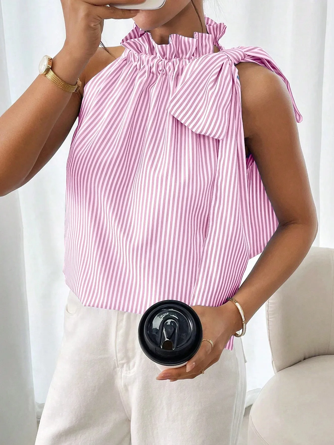 Explosions  Fashion Sleeveless Striped Lace High Neck Tee Knot T-shirt Top Women display picture 8
