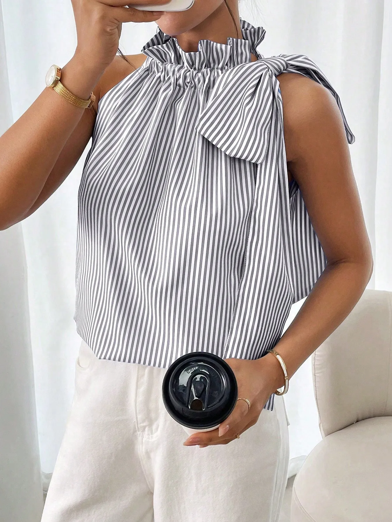 Explosions  Fashion Sleeveless Striped Lace High Neck Tee Knot T-shirt Top Women display picture 9