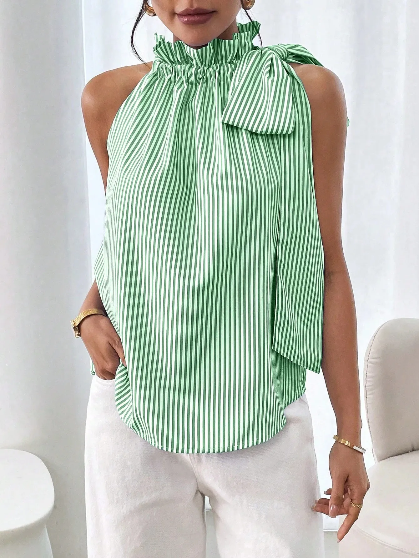 Explosions  Fashion Sleeveless Striped Lace High Neck Tee Knot T-shirt Top Women display picture 15