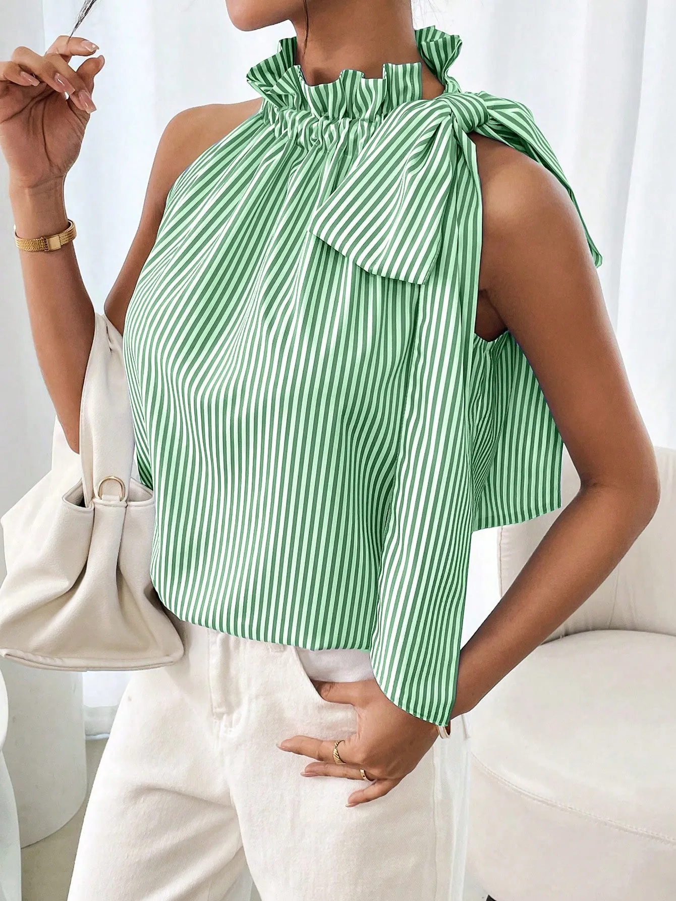 Explosions  Fashion Sleeveless Striped Lace High Neck Tee Knot T-shirt Top Women display picture 18