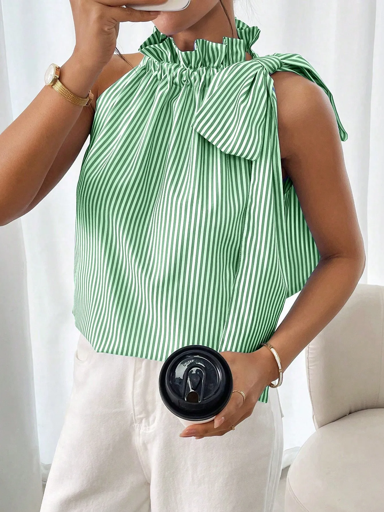 Explosions  Fashion Sleeveless Striped Lace High Neck Tee Knot T-shirt Top Women display picture 19