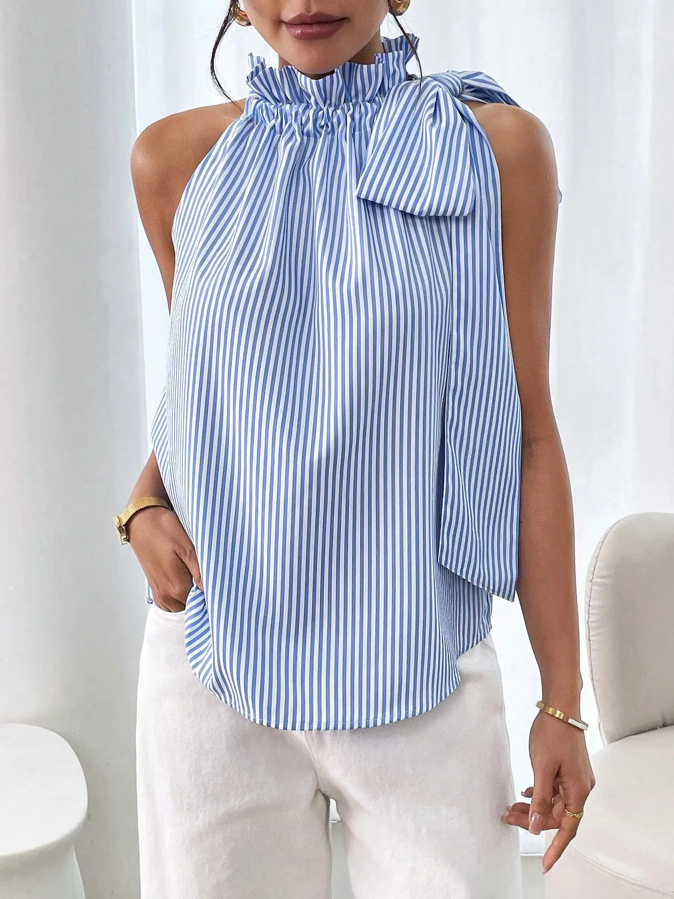 Explosions  Fashion Sleeveless Striped Lace High Neck Tee Knot T-shirt Top Women display picture 24