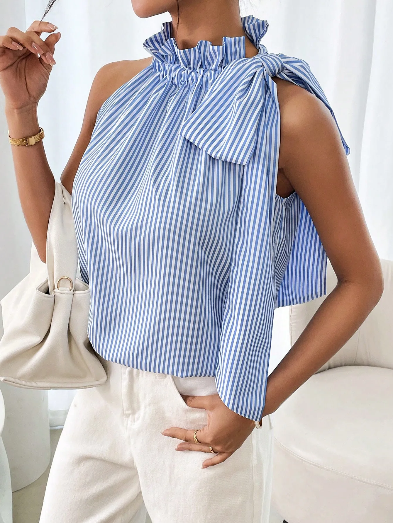 Explosions  Fashion Sleeveless Striped Lace High Neck Tee Knot T-shirt Top Women display picture 25