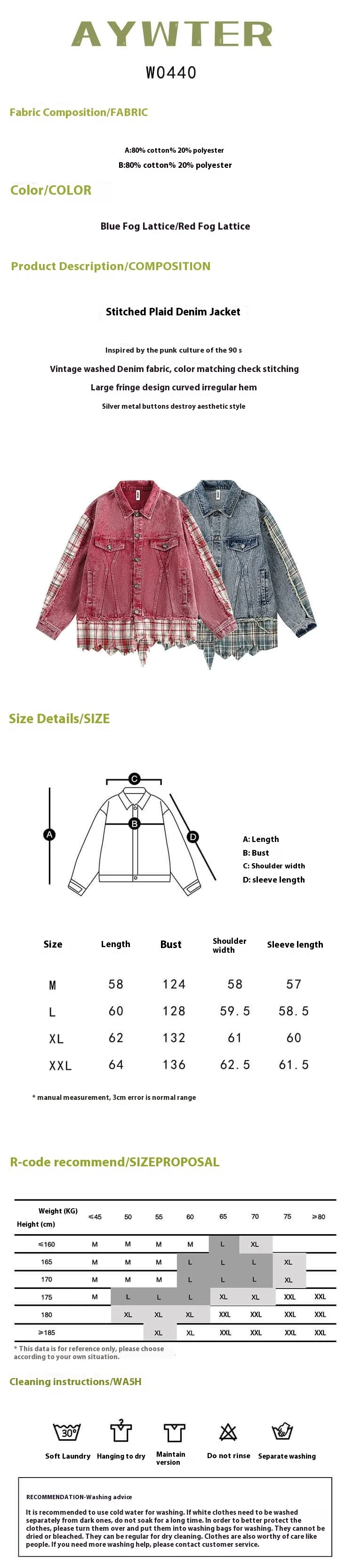 Jiayiku Men's  Spring New American Retro Stitching Plaid Wash Denim Jacket Fake Two-Piece Jacket display picture 1