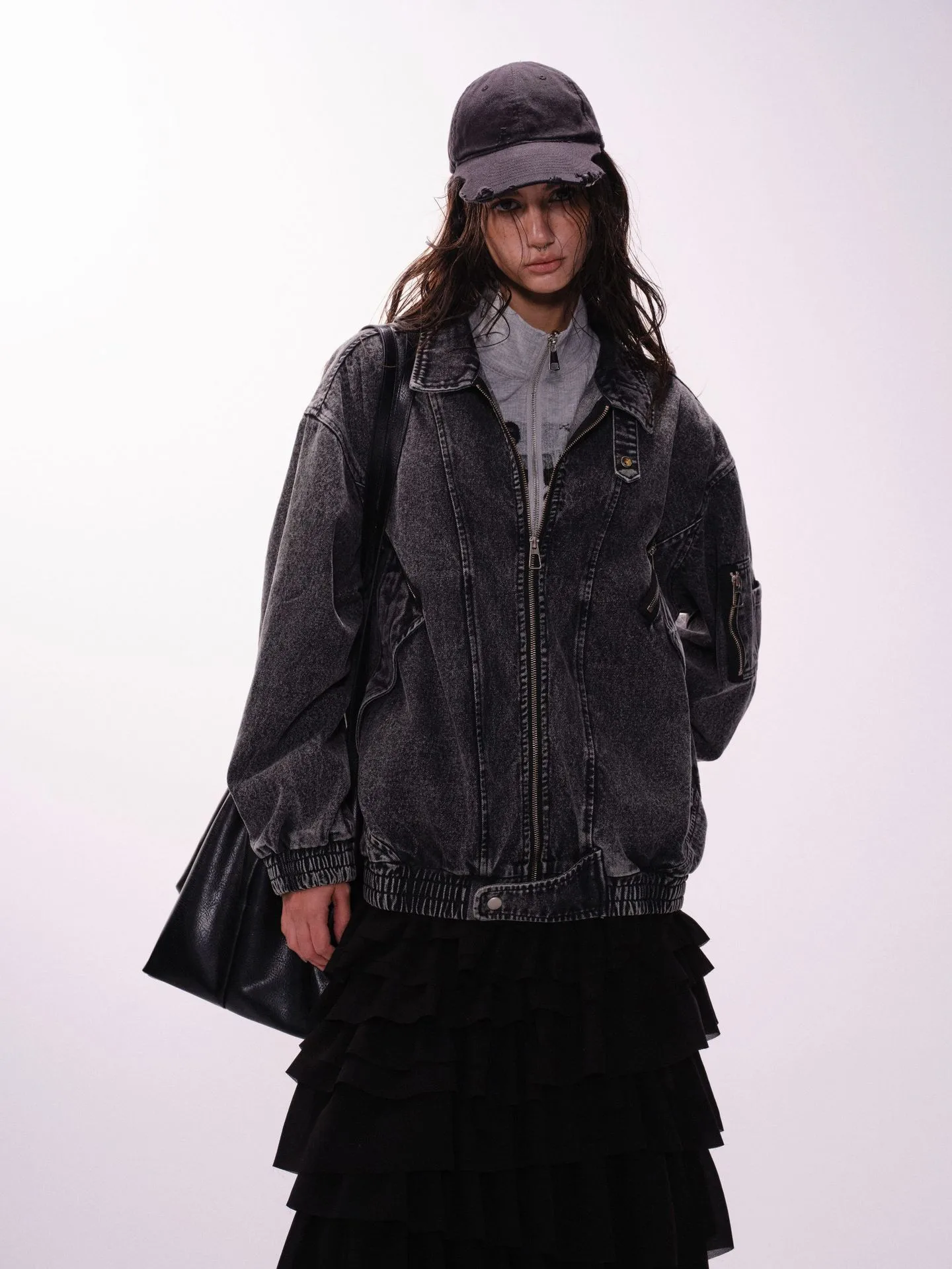 Jiayiku Men's  Spring New American Retro Smog Black Wash Water Denim Jacket Stitching Design Jacket display picture 4