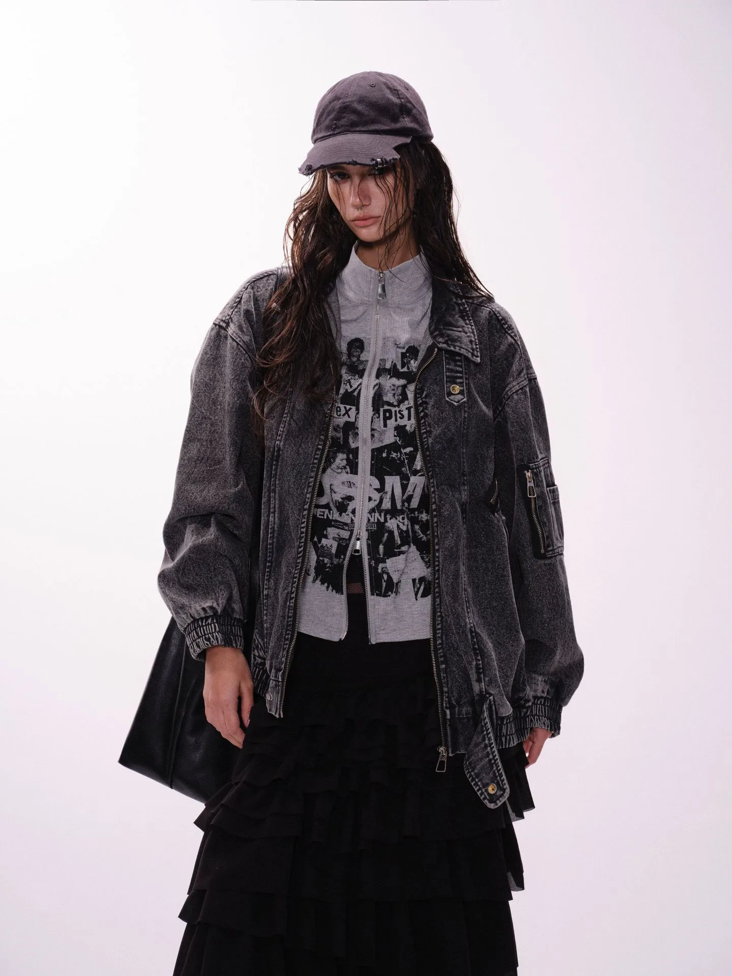Jiayiku Men's  Spring New American Retro Smog Black Wash Water Denim Jacket Stitching Design Jacket display picture 5