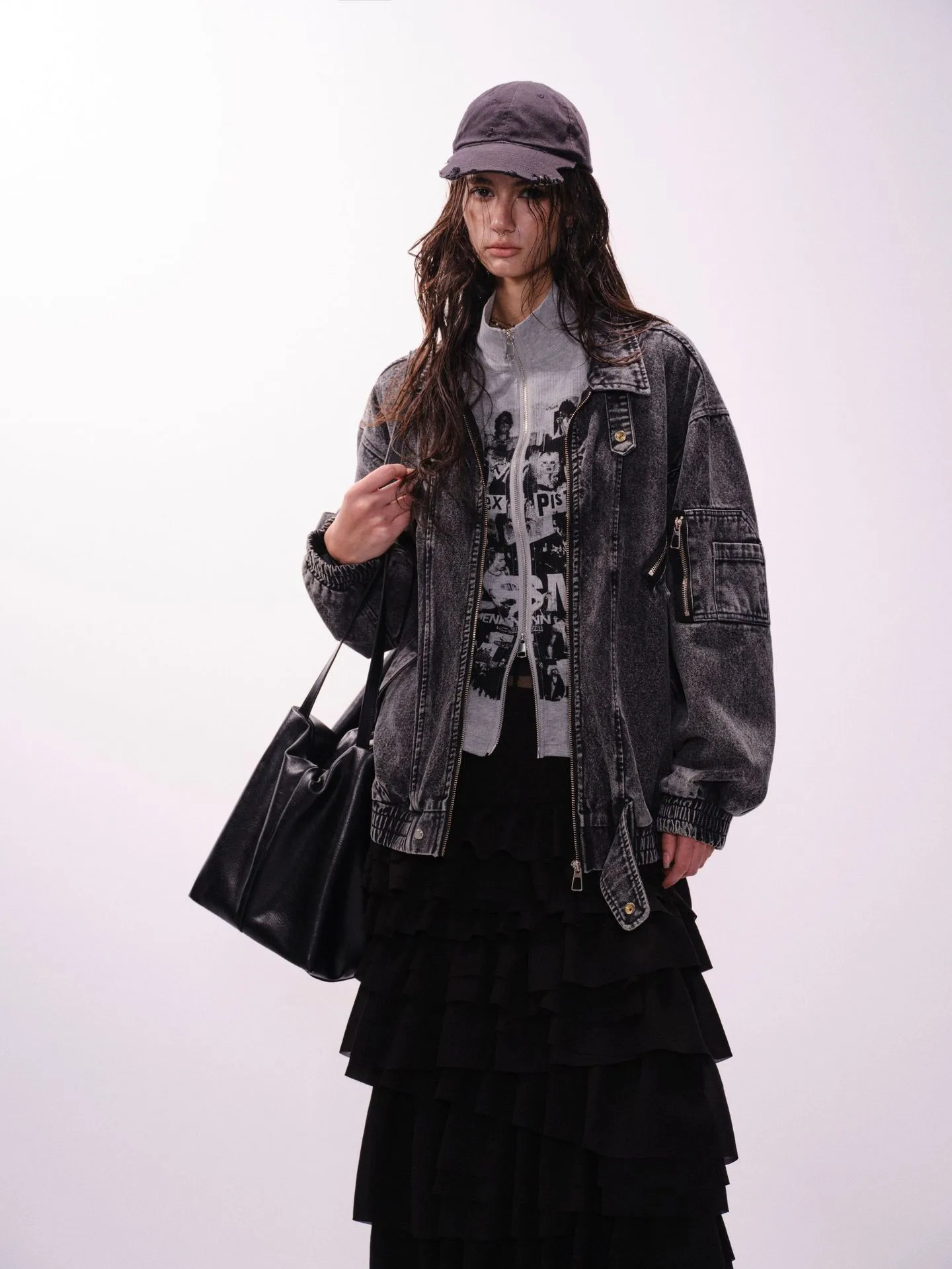 Jiayiku Men's  Spring New American Retro Smog Black Wash Water Denim Jacket Stitching Design Jacket display picture 7