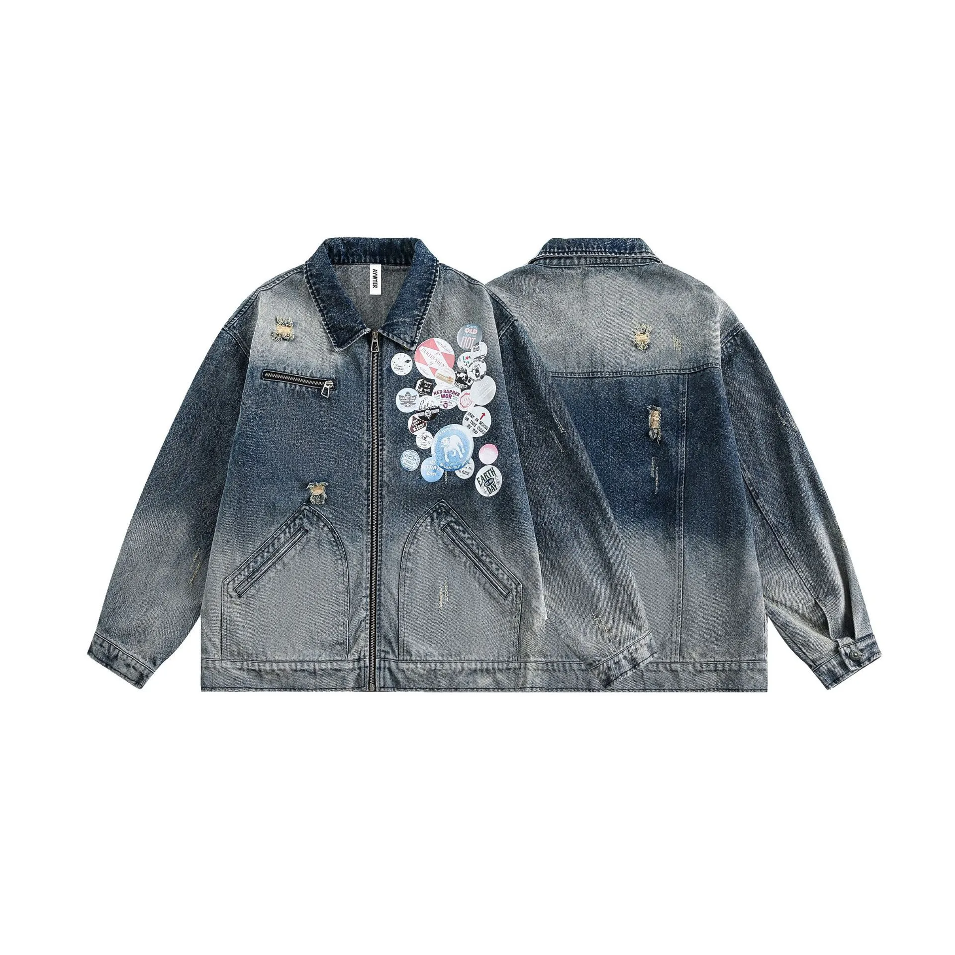 Jiayiku Tide Brand  Spring New American Retro Badge Design Gradient Wash Water Denim Jacket Coat display picture 2