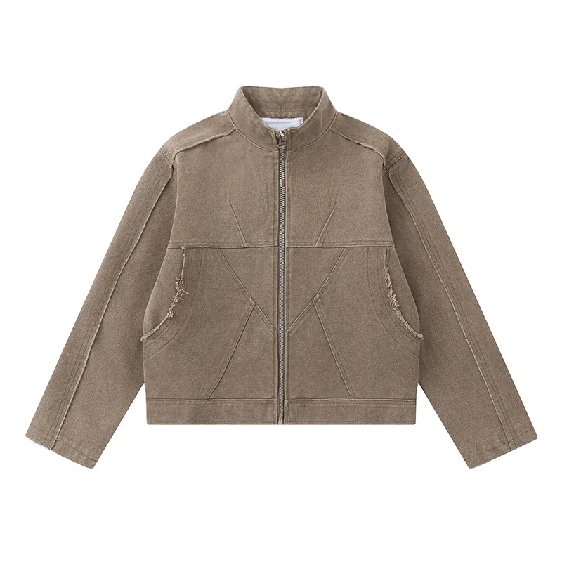 Jiayiku Men's  Autumn And Winter New American Retro Stitching Design Wash Rough Edge Vertical Collar Jacket Coat display picture 3