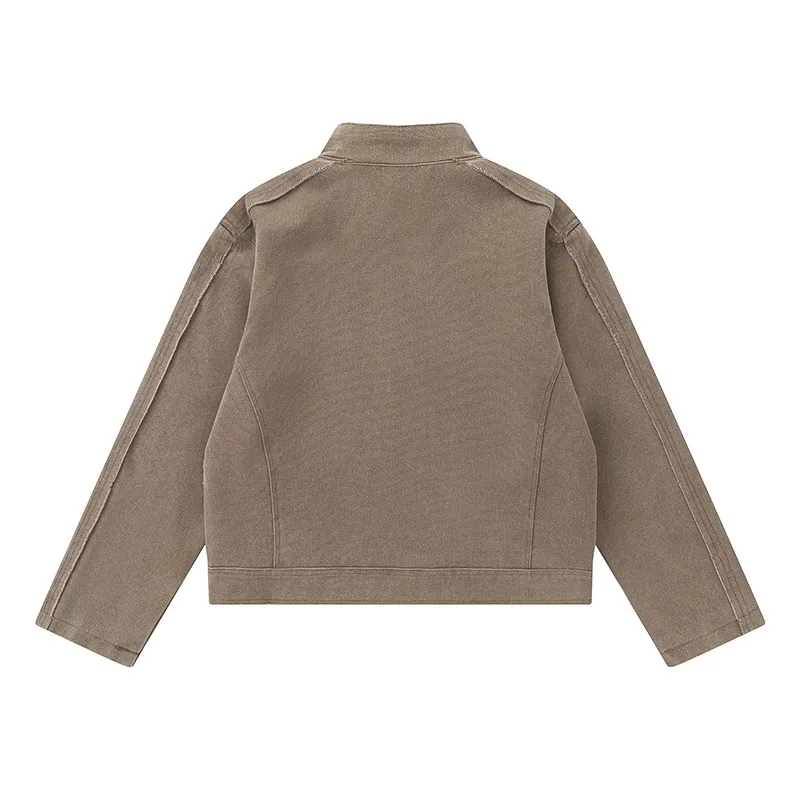 Jiayiku Men's  Autumn And Winter New American Retro Stitching Design Wash Rough Edge Vertical Collar Jacket Coat display picture 4