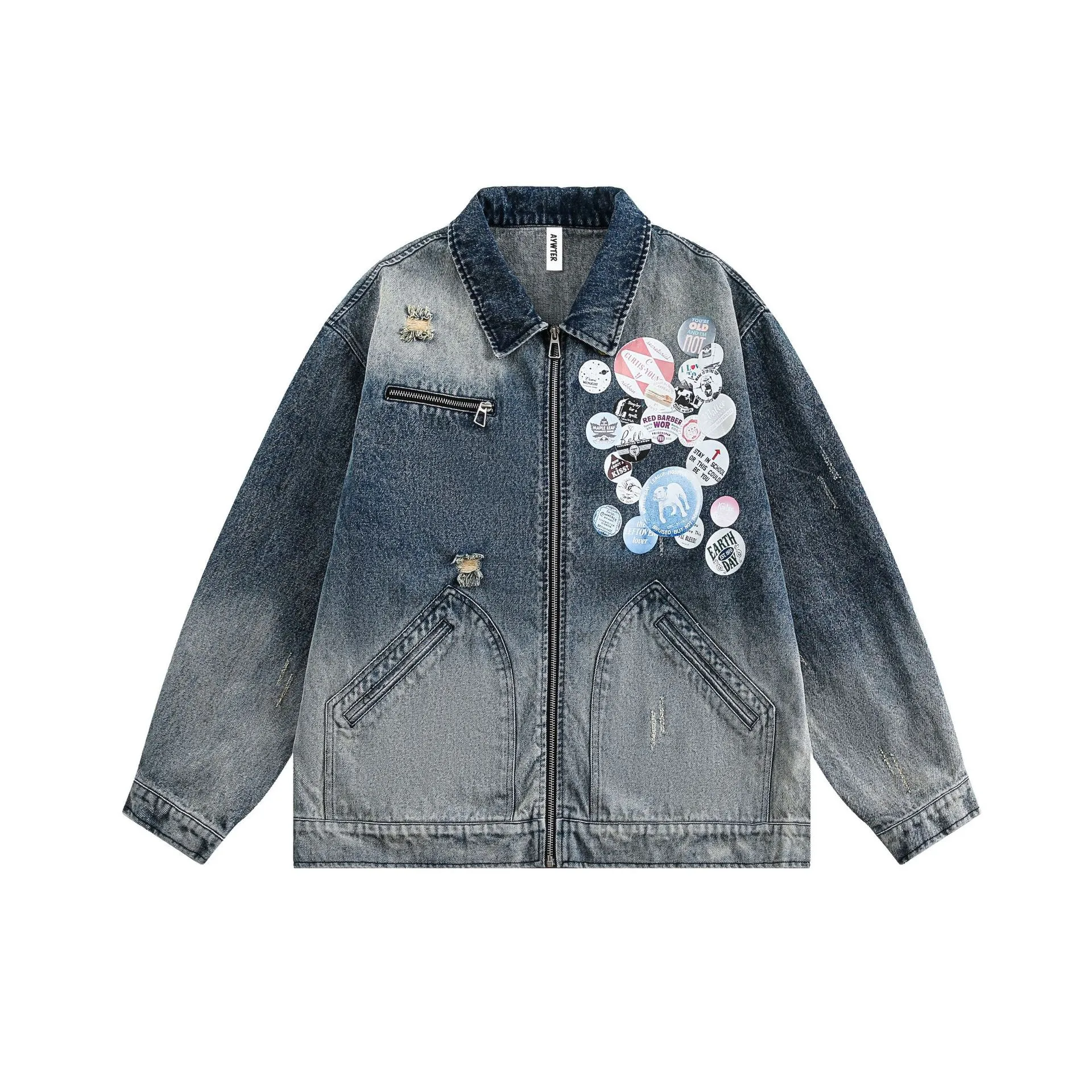 Jiayiku Tide Brand  Spring New American Retro Badge Design Gradient Wash Water Denim Jacket Coat display picture 12
