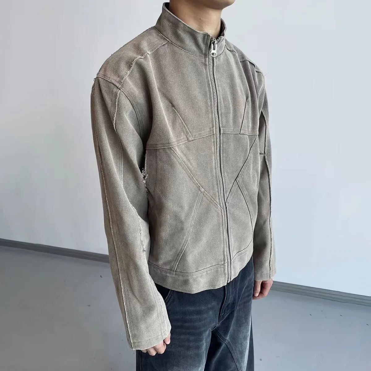 Jiayiku Men's  Autumn And Winter New American Retro Stitching Design Wash Rough Edge Vertical Collar Jacket Coat display picture 2